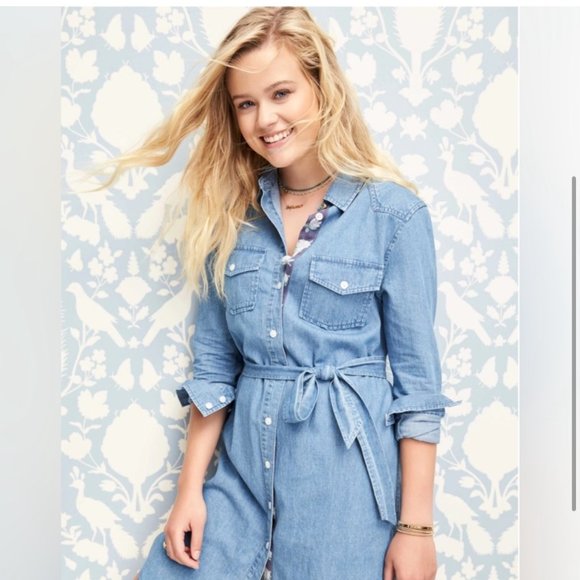 Draper James Belted Chambray Shirt Dress with Magnolia Detailing - Picture 1 of 2